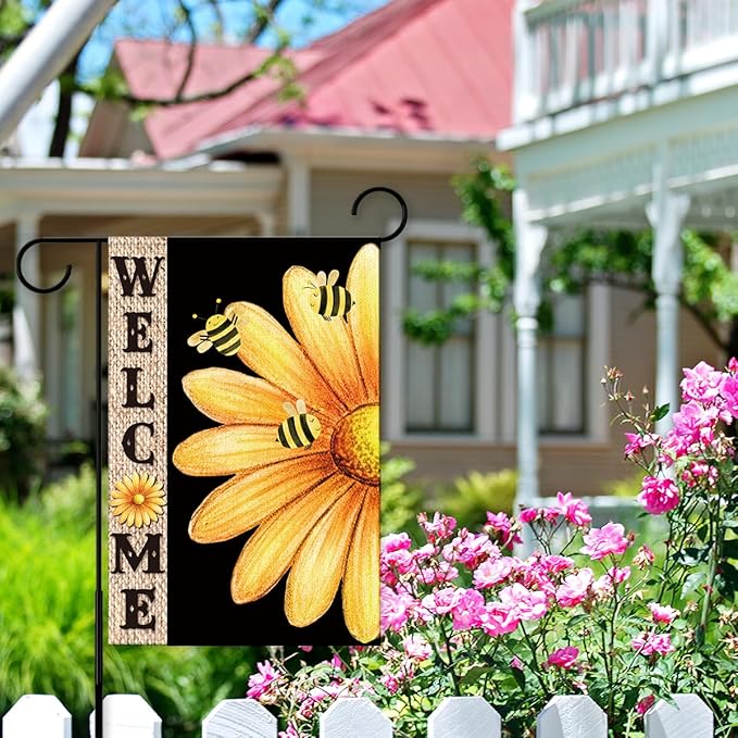 Welcome Flags for Outside,Bee Daisy Summer Garden Flag for Yard Patio Lawn Decoration,12x18 Inch Double Sided