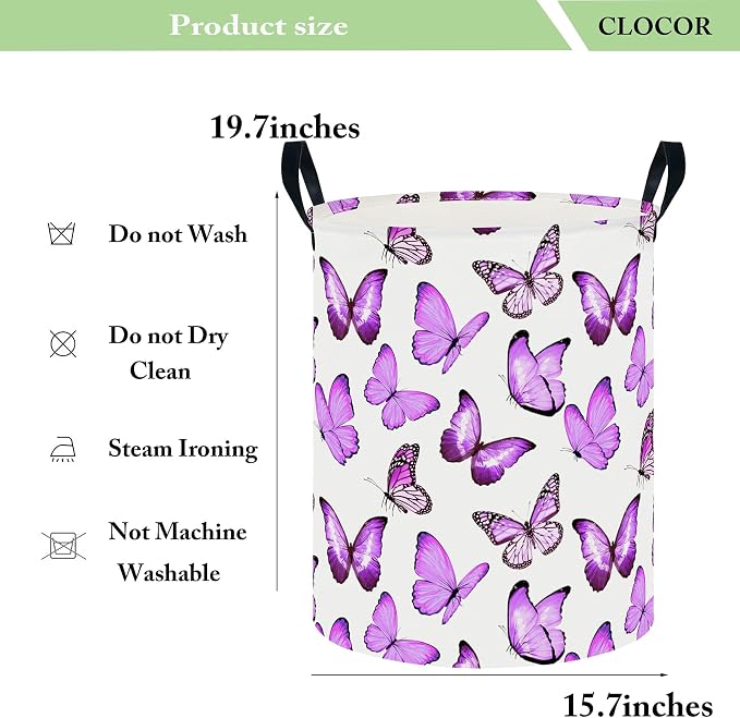 CLOCOR Large Laundry Basket,Waterproof Fabric Storage Container,Room Decor(Deep Purple Butterfly)