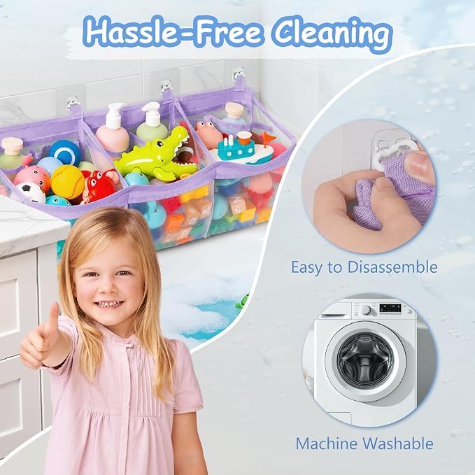 Criusia Extra Large Bath Toy Organizer with 3 Compartments and Multiple Pockets, Quick-Dry Mesh Bathtub Storage for Kids' Toys (Purple)