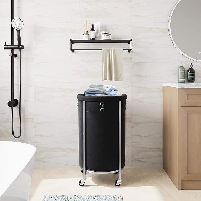 ELYKEN Laundry Basket with Wheels, Round Rolling Laundry Hamper, Black