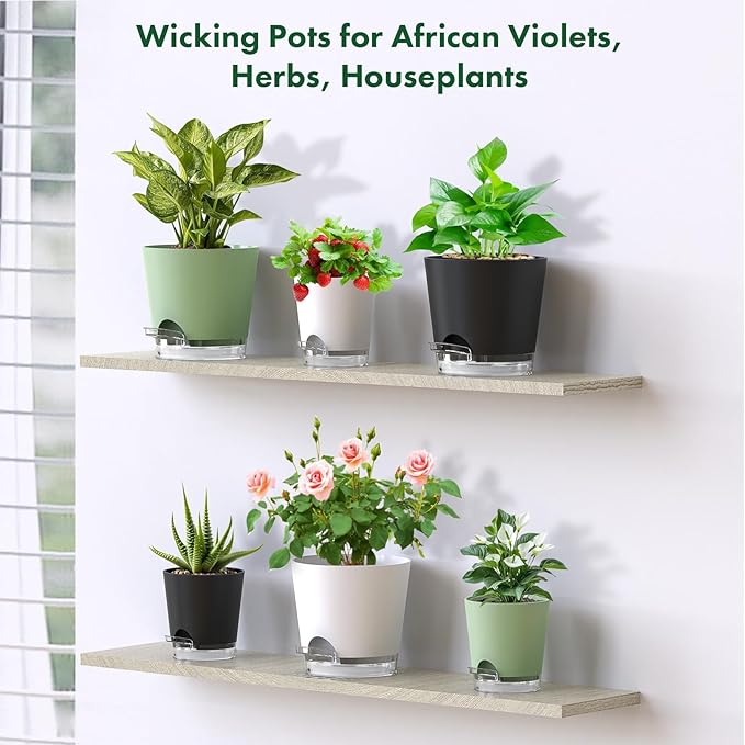 Meowell 7 inch Self Watering Pots for Indoor Plants, 5 Pack Plant Pots with Drainage Holes & Clear Reservoir for Visible Water Level, Plastic Wicking Planter Pots for House Plants and Flower, White