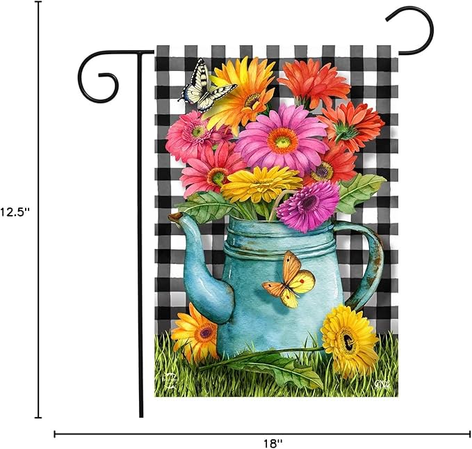 Gerber Daisy Watering Can Spring Garden Flag Checkered 12.5" x 18" Briarwood Lane