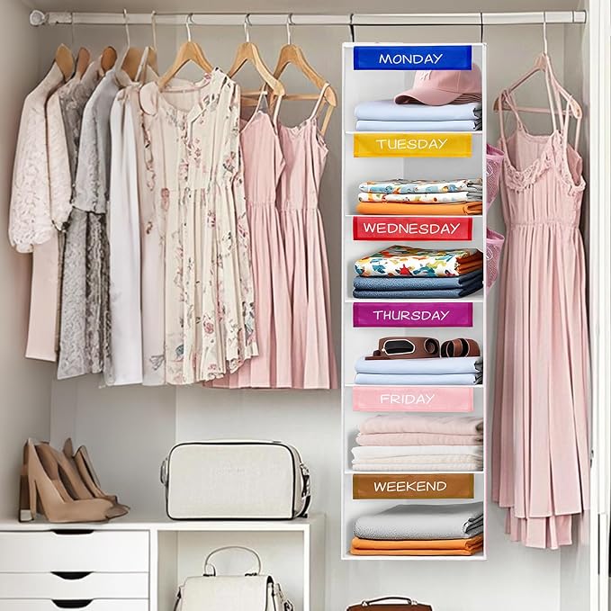 homyfort Weekly Clothes Organizer for Kids, 6-Shelf Hanging Closet Organizer with Colorful Labels, Space Saving Design with 2 Pockets, Daily Hanging Closet Shelves for Kids Room Storage, White