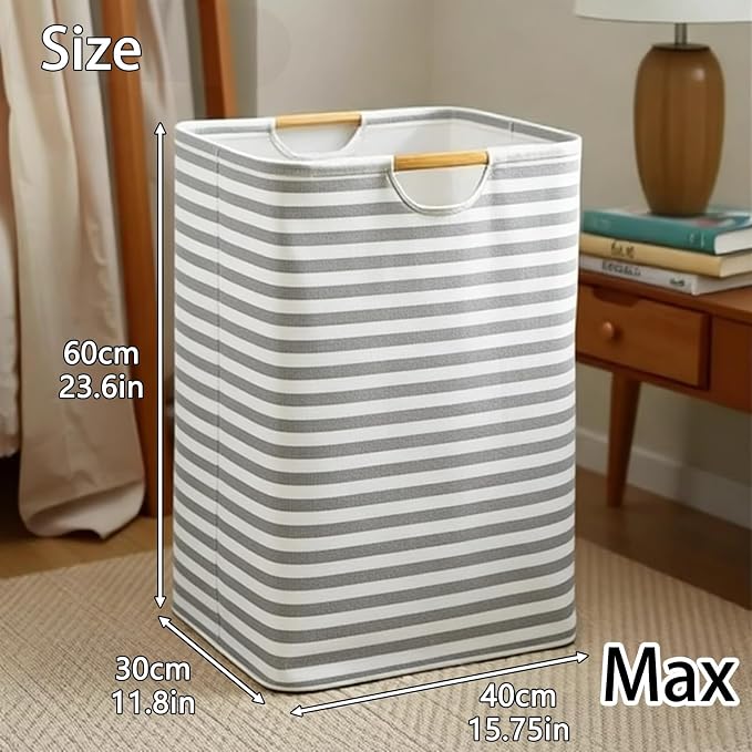 Collapsible Laundry Hamper Bag with Wooden Handles - 72L/19 Gallon Large Capacity Waterproof Oxford Cloth Storage Basket, Freestanding No Wire Frame, for Dorm Room, Bedroom, Bathroom (Max-Grey)