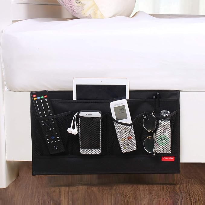 Bedside Caddy Table Cabinet Storage Organizer 6 Pockets(Light Black) | Table Cabinet Bedside Organizer Caddy for Remotes Phone Glasses Magazines Tablets and Accessories