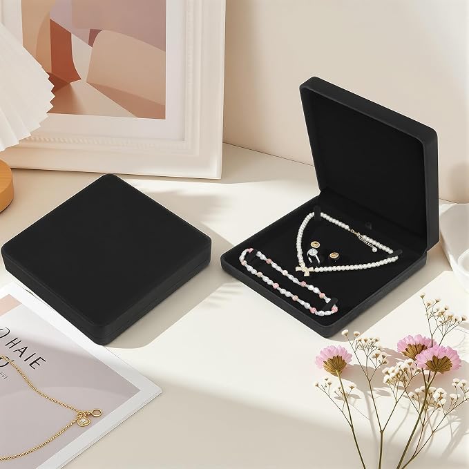 KUKUVR 2 Pcs Jewelry Set Gift Box, Large Velvet Jewelry Display Storage Box for Necklaces Bracelets Pearl Earring Rings, Necklace Keepsake Boxes for Women (Black)