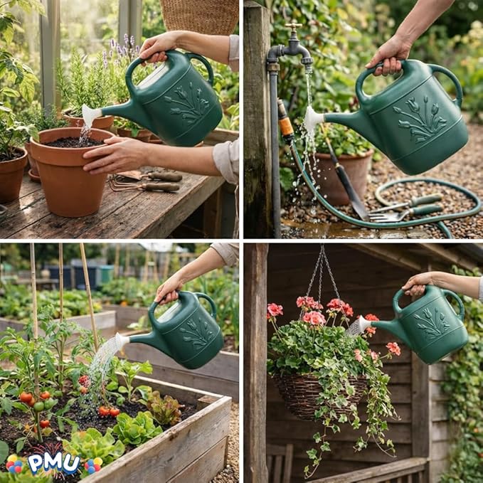 PMU 2 Gallon Watering Can - Garden Watering Can for Indoor & Outdoor Plants - Plastic Water Can with Detachable Sprinkler Head - Large Water Pot, Made in USA - Hunter Green Pkg/12