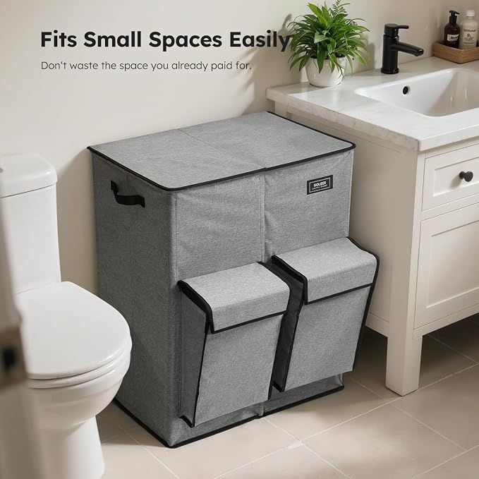 SOLEDI 180L Double Laundry Hamper with Lid and 2 Side Pockets, Dual Hamper