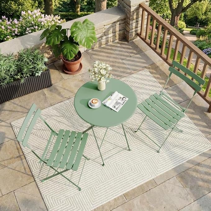 Garvee 3-Piece Folding Bistro Set Outdoor Patio Furniture, Space-Saving Foldable Chairs & Table with Heavy-Duty Powder-Coated Steel Frame, No Assembly Required, for Garden, Balcony, Backyard, Green