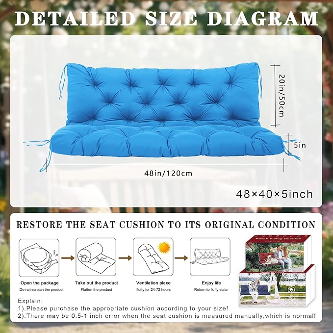 Premium 5" Thicken Porch Swing Cushions Waterproof 2 Seater Replacement Cushions with Backrest and Adjustable Straps, Outdoor Furniture Cushions for Patio, Garden(Peacock Blue 48×40×5inch)