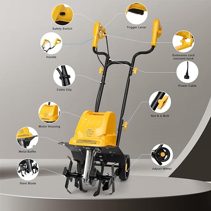 IncwBo Electric Tiller/Cultivator 4 Steel Tines, 8'' Tilling Depth Garden Roto Tillers for Gardening, 13.5 Amp 12 Inch Corded Rototiller with Adjustable Wheels, Yellow