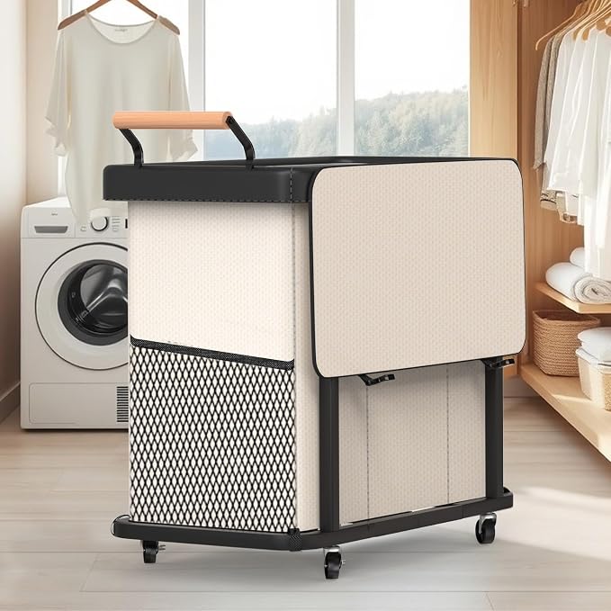 Rolling Laundry Hamper with Wheels,Laundry Hamper 3 Section with Lid Beige