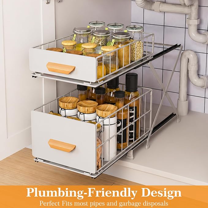 Pull Out Under Sink Organizer with Sliding Shelves, Adjustable Height (12.6–15.4"), 2 Tier Under Cabinet Storage Rack, Foldable Kitchen Sink Organizer for Bathroom and Kitchen Storage, White