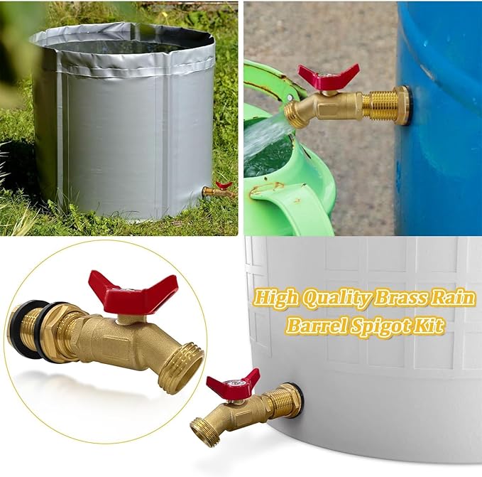 Brass Water Container Rain Barrel Faucets Spigot Kit 3/4" GHT Brass Rain Barrel Quarter Turn Ball Valve Spigot with Bulkhead Fitting Suitable for Garden Hose Thread Connection