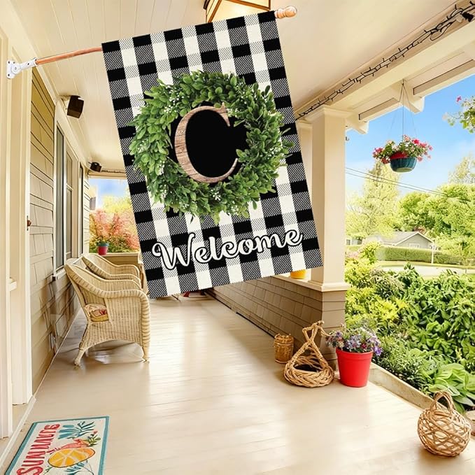 Baccessor Monogram Letter C Garden Flag 28 x 40 Inch, Buffalo Plaid Family Last Name Initial Boxwood Wreath Welcome Vertical Double Sided Large Flags for Outdoor Outside Decoration