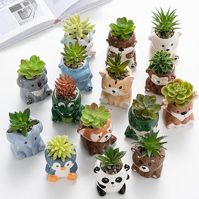 Cute Animal Ceramic Succulent Planters, Small Bonsai Planter, Aloe Cactus Succulent Plant Pots with Drainage Indoor Outdoor Use for Office Home Garden Decoration, Plants Not Included (Cow)