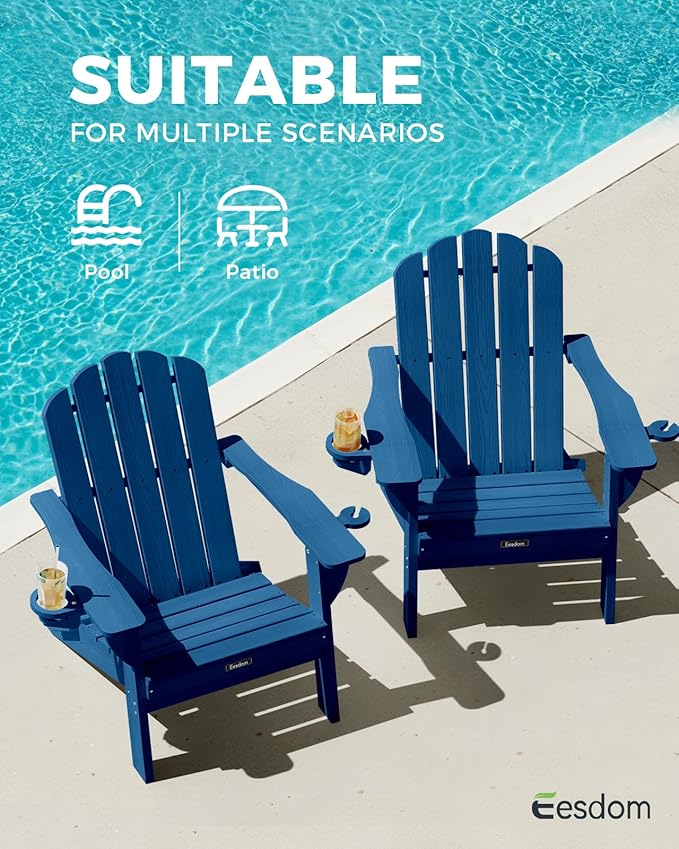 Adirondack Chairs Set of 2, Wood Texture Fire Pit Chairs, Plastic Adirondack Chairs with 2 Cup Holder, Outdoor Lawn Chair for Patio Garden, Navy Blue