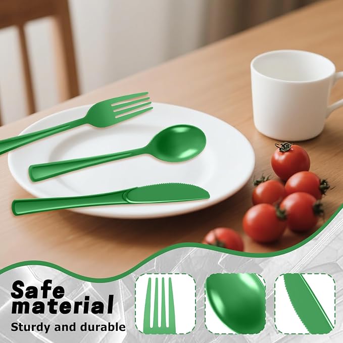 Plastic Silverware 300 PCS Disposable Silverware Heavy Duty Utensil Sets 100 Of Each Forks Knives & Spoons Disposable Cutlery Set For Easter,Birthday,Baby Shower,Garden Party,Wedding(300,Green)