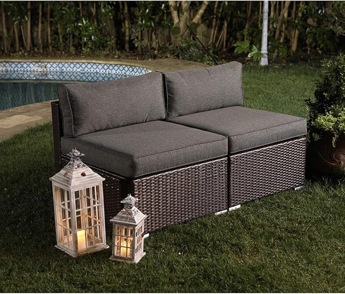 COSIEST 2-Piece Outdoor Furniture Add-on Armless Chairs for Expanding Chocolate Brown Wicker Sectional Sofa Set w Dark Grey Thick Cushions for Garden, Pool, Backyard