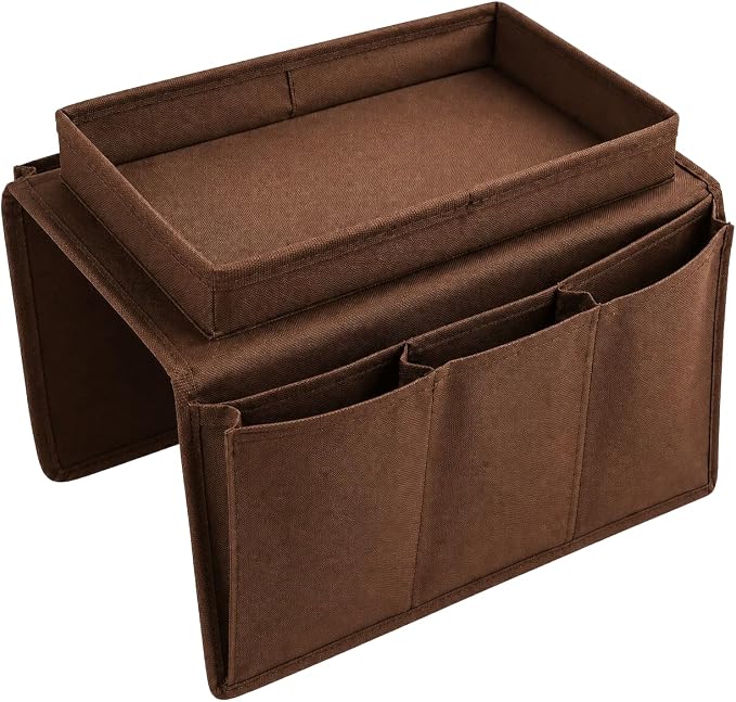 Dependable Industries inc. Essentials Sofa Armrest Table TV Remote Control Organizer Caddy Holder, Drapes Over Sofa Arm 5 Pocket Non-Slip Bottom (Brown)