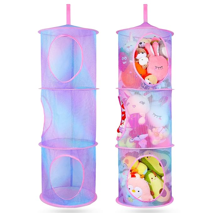 Basumee Hanging Stuffed Animals Storage, 2 Pack Mesh Plush Storage, 3-Tier