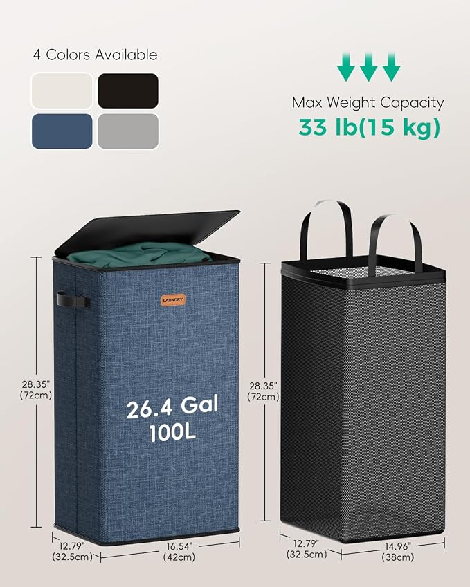 100L Laundry Hamper with Lid, Sturdy Clothes Hamper Heavy-Duty Laundry Basket Supports 30lb, Collapsible for Bathroom Bedroom Laundry Room Dorm