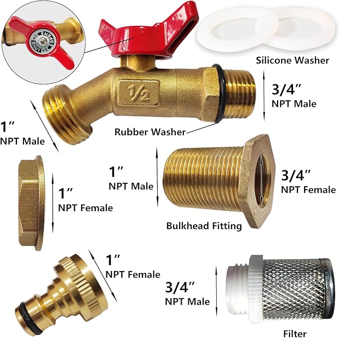 Hymnorq Rain Barrel Spigot Kit, Brass Outdoor Faucet Water Spigot for Water Barrel Bucket, Quarter Turn Ball Valve, with Bulkhead Fitting, Hose Connector Adaptor, Filter, Seal Tape