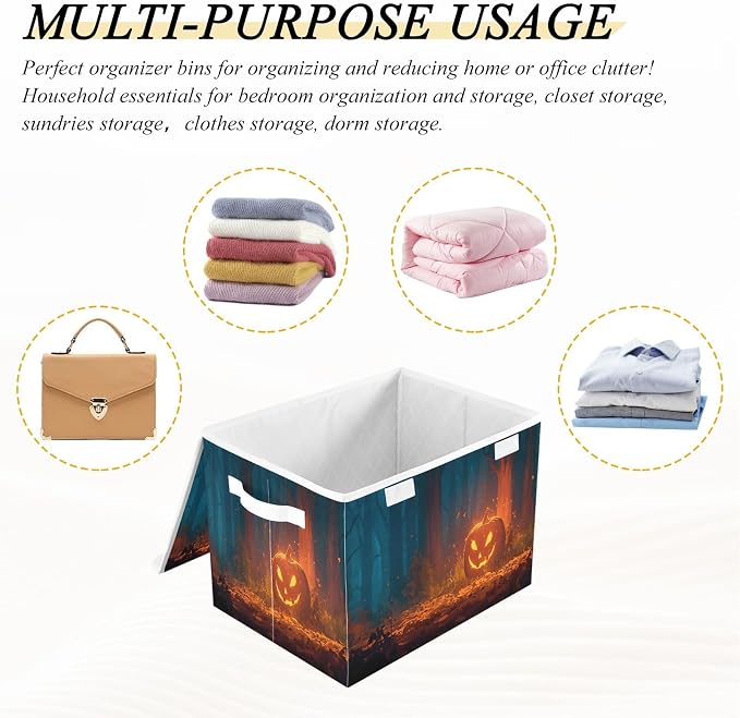senya Large Storage Bins with Linen Halloween Pumpkin Yellow Collapsible Foldable Storage Cubes Fabric Closet Organizer Containers Box with Flip-Top Lid for Home Bedroom Office 16.7 x 12.6 x 11.8in
