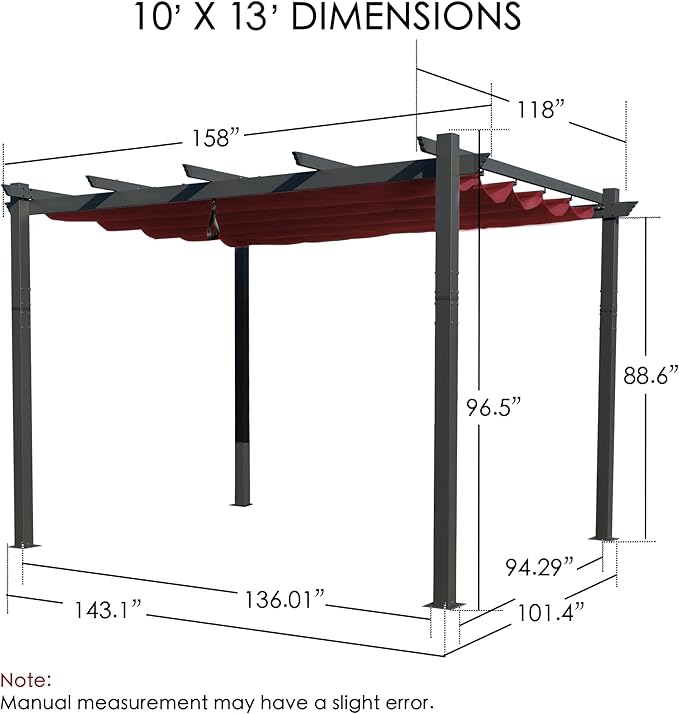 Kozyard Morgan Outdoor Retractable Pergola with Sun Shade Canopy Patio Aluminum Pergola Shelter for Backyard Deck Garden Modern Metal Grill Gazebo (10' x 13', Burgundy)