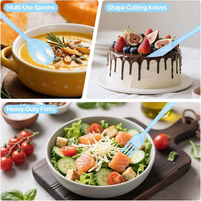 150 PCS Plastic Silverware Disposable Silverware Heavy Duty Utensil Sets 50 Of Each Forks Knives & Spoons Disposable Cutlery Set For Easter,Birthday,Baby Shower,Garden Party,Wedding(150,Light Blue)