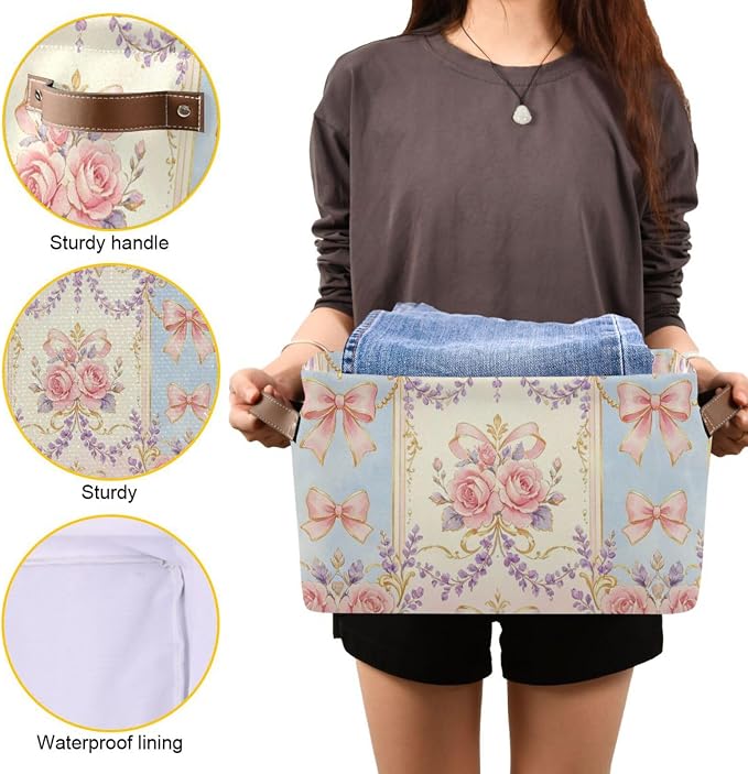 Victorian Rose Bow Seamless Canvas Storage Basket Fabric Storage Bin Collapsible Canvas Basket Organizers and Storage Containers for Bedroom Nursery Toys Clothes