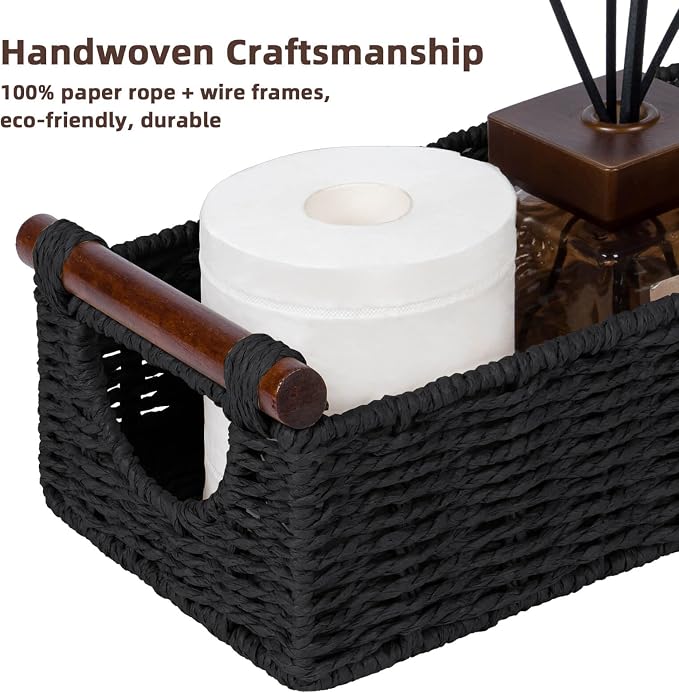 CubesLand Small Wicker Toilet Basket Tray Organizer W/Cut Out Handle | Handwoven Slim Decorative Basket for Countertop, Shelves And for Rustic Home Decor, Living Room, Nursery Organization, Black