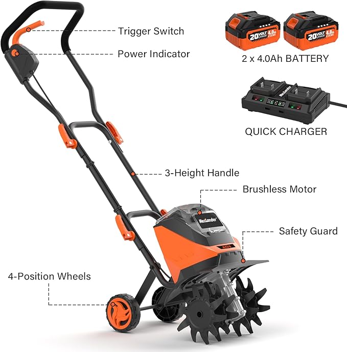 MAXLANDER Cordless Tiller Cultivator, 40V 12-Inch Brushless Battery Powered Garden Tiller with 4 Steel Tines, Powerful 280 RMP Rototiller, 2x4.0Ah Battery and Charger Included