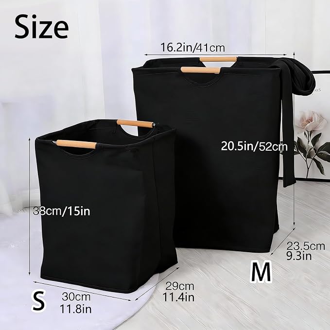 Collapsible Laundry Hamper Bag with Wooden Handles - 55L/14.5 Gallon Large Capacity Waterproof Oxford Cloth Storage Basket, Freestanding No Wire Frame, for Dorm Room, Bedroom, Bathroom (Large-Black)