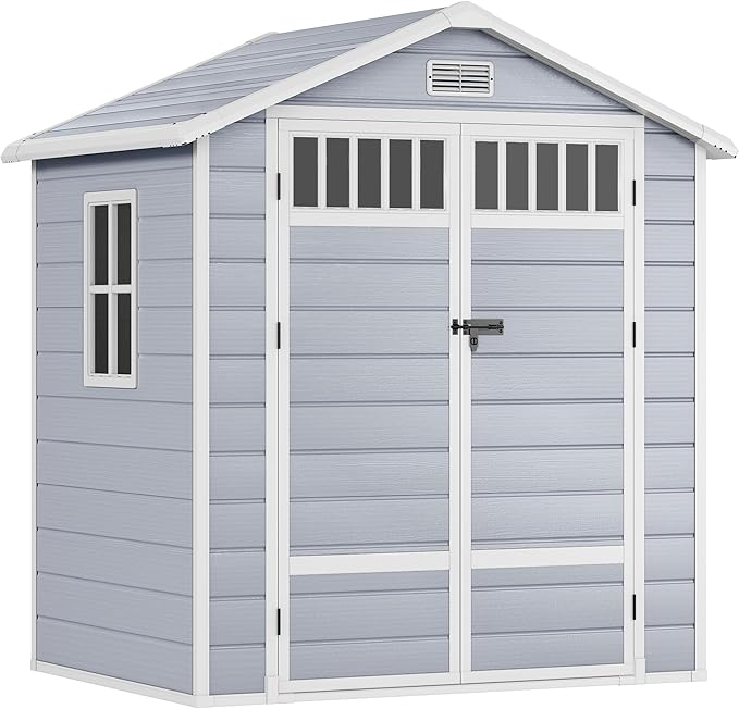 DWVO 6x4.4 FT Outdoor Storage Shed with Fence-Style and Side Windows, Lockable Door, and Vents Resin Storage Shed for Garden Backyard Patio Lawn