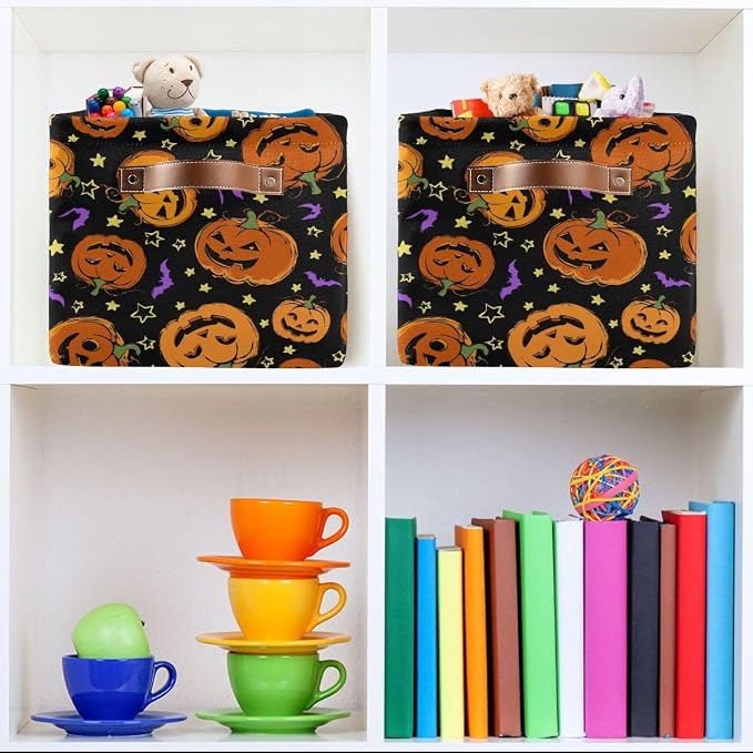Halloween Pumpkin Spooky Storage Basket Fabric Kitchen Baskets Purple Bat Black Open Home Storage Bins Boxes Foldable Organizer Bag for Baby Cloth Book Shelf Closet Baskets 2 Pack 16×12×8 Inches