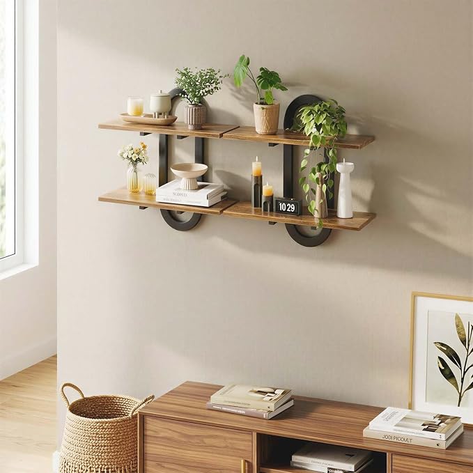 Arched Floating Shelves Set of 2, 15" Vintage Distressed Wall Mounted Shelves with Capsule Frame, Rustic Burnt Wood Hanging Shelves for Bathroom, Living Room, Kitchen, Brown