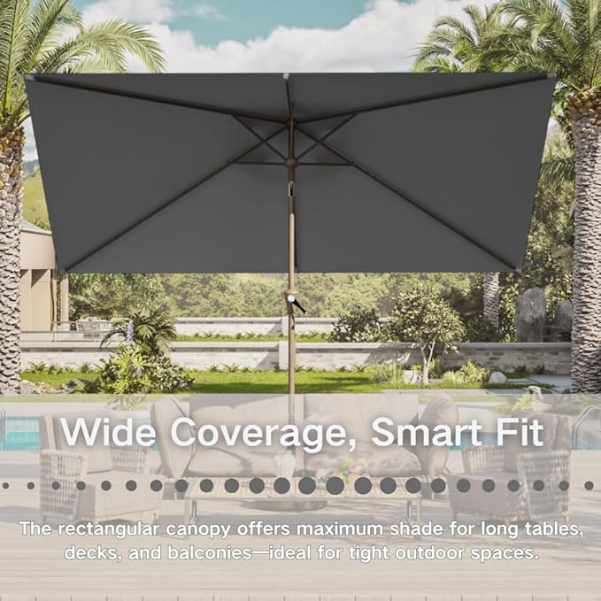 6.5' x 10' Rectangular Patio Umbrella Large Outdoor Market Umbrella w/UV Protection, Push Button Tilt and Crank Lift, Rectangle Table Umbrella for Garden, Deck, Pool, Patio, Grey