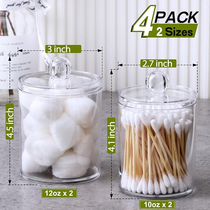4 Pack Acrylic Qtip Holder Dispenser for Cotton Swabs, Balls, Floss Picks | Thick, Highly Clear, w/ Labels - Small Canister Apothecary Jar Set, Bathroom Decor Essentials, Shelf Vanity Storage Organizer