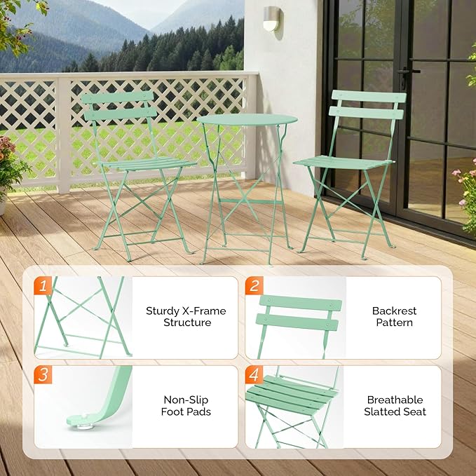 VINGLI Outdoor Folding Bistro Table and Chairs Set of 2, 3-Piece Bistro Set with Premium Steel Frame for Patio, Balcony, Garden, Porch, Yard, Green
