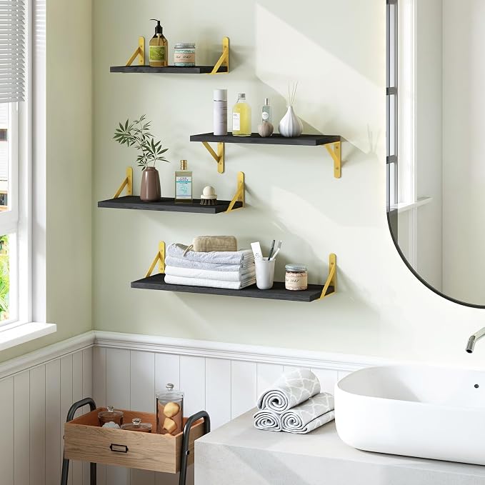 YGEOMER 4 Different Sizes Floating Shelves for Wall Decor, Black and Gold | Rustic wood shelves in mixed sizes for flexible combined storage. Fits bathroom, kitchen, living room, bedroom and office.