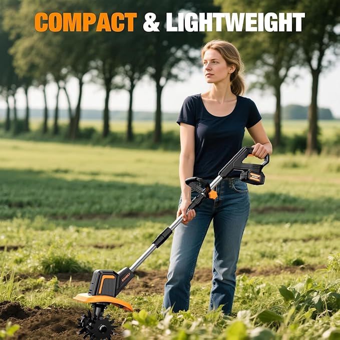SOARFLY Upgraded Cordless Tiller for Gardening with Dual 4.0Ah Batteries, 48 Steel Tines Battery Rototiller, 9" Width 6.6" Depth Garden Tiller Cultivator for Soil, Tending & Composting (Orange)