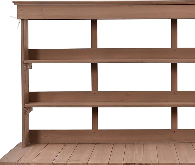 66" Large Outdoor Farmhouse Wooden Potting Bench Table, Garden Workstation with 2 Drawers, Cabinet and Open Shelves for Backyard, Mudroom (Brown-11)