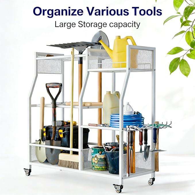 HOTEAGLE Yard Tool Organizer for Garage 35.4" Width High Stability Outdoor Metal Utility Rolling Cart with Mute Wheels, 18.5mm Thick Rods Ideal Garden Tool Rack, Easy to Clean,White