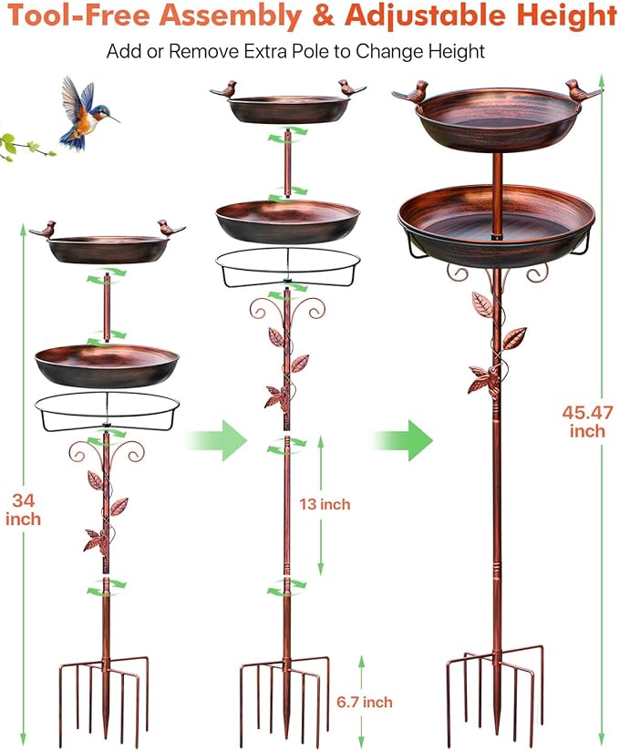 Metal Bird Bath for Outside - Outdoor Garden Decor Birdbath 2-Tier Water Bowl with Copper Finish Stake Adjustable Height 45'' Tall for Yard