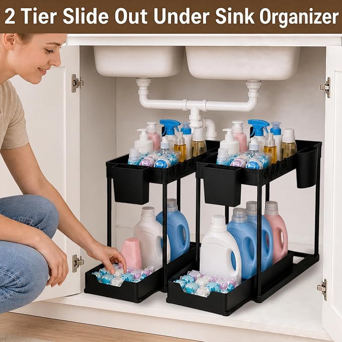 Under Sink Organizer for Bathroom/Kitchen, Large Capacity with Hooks & Cups