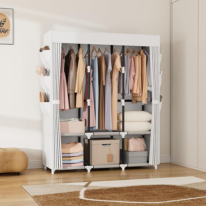 VTRIN Portable Closet Wardrobe for Hanging Clothes Closet with Cover, 3 Hanging rods, 6 Storage Shelves and Side Pocket, Diameter 19mm Metal Pipe, Sturdy Free Standing Closet for Bedroom, White