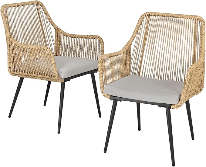 Patio Dining Chairs, Outdoor Dining Chairs with Armrest & Cushion Set of 2, All-Weather Woven Twisted Wicker Rattan Chair, Modern Indoor Outdoor Seating for Garden Lawn Backyard Natural
