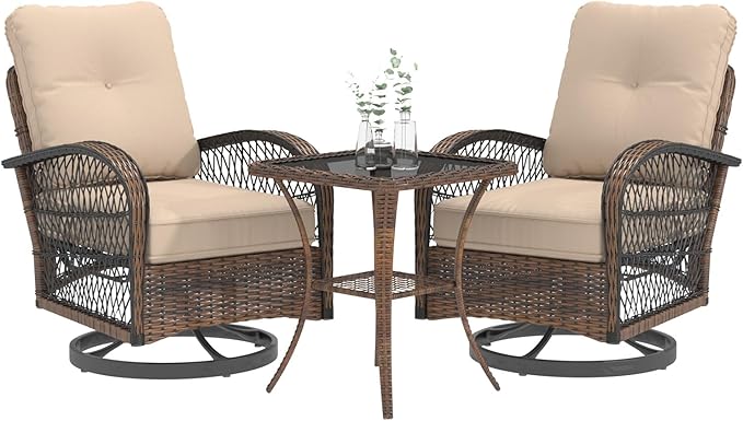 MELLCOM 3 Pieces Patio Furniture Set, Outdoor Swivel Rocker Patio Chairs, Wicker Patio Bistro Set with Rocking Chair, Thickened Cushions and Glass Coffee Table for Backyard, Garden, Khaki