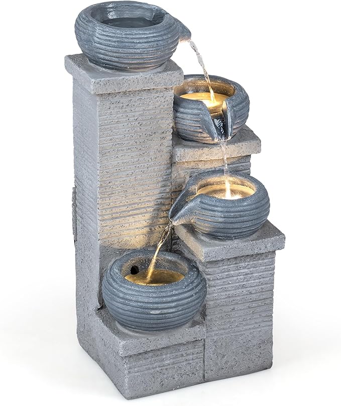 Giantex 4-Tier Water Fountain Outdoor, 23 Inch Cascading Bowls Waterfall Fountain with Warm LED Lights & Pump, Outside Zen Water Feature for Patio, Balcony, Deck, Garden, Yard Decor